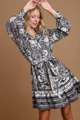 Umgee Full Size Two Tone Floral Border Print Tie Waist Mini Dress Plus Size