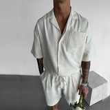 Casual Polo Collar Pocket Loose Short Sleeve Shirt Shorts Suit