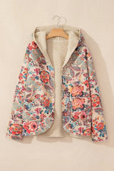 Beige Vintage Paisley Floral Printed Sherpa Lined Hooded Jacket