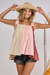 BiBi Frill Shoulder Strap Color Block Bodice Top