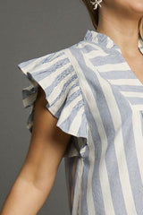 Umgee Full Size Striped Notched Ruffled Cap Sleeve Mini Dress Plus Size