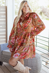 Floral Half-Button Long Sleeve Ruffle Mini Dress