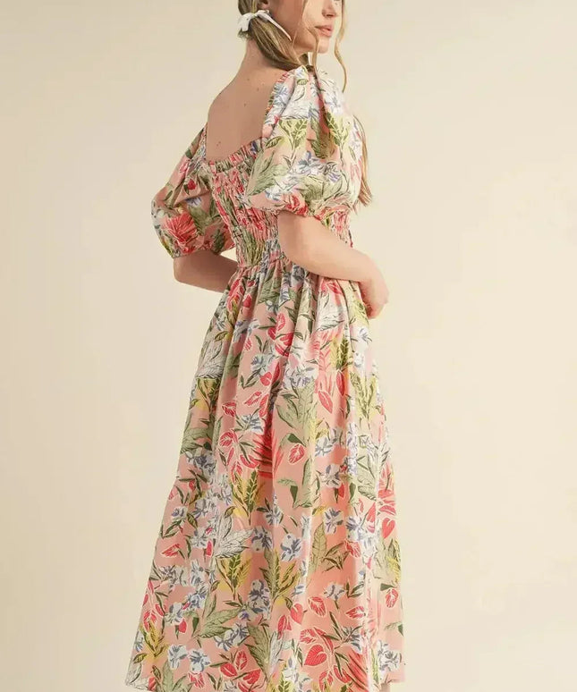 Apricot Pink Floral Knot Front Smocked Bubble Sleeve Dress