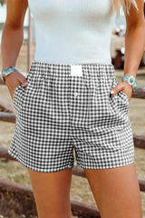 Blue Vintage Gingham Print High Waisted Loose Shorts