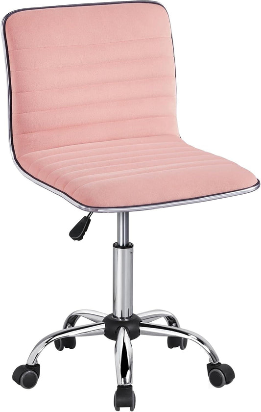 Velvet Low Back Vanity Chair Armless Ribbed Office Chair Swivel Task Chair Height Adjustable Chair Apricot Pink-0