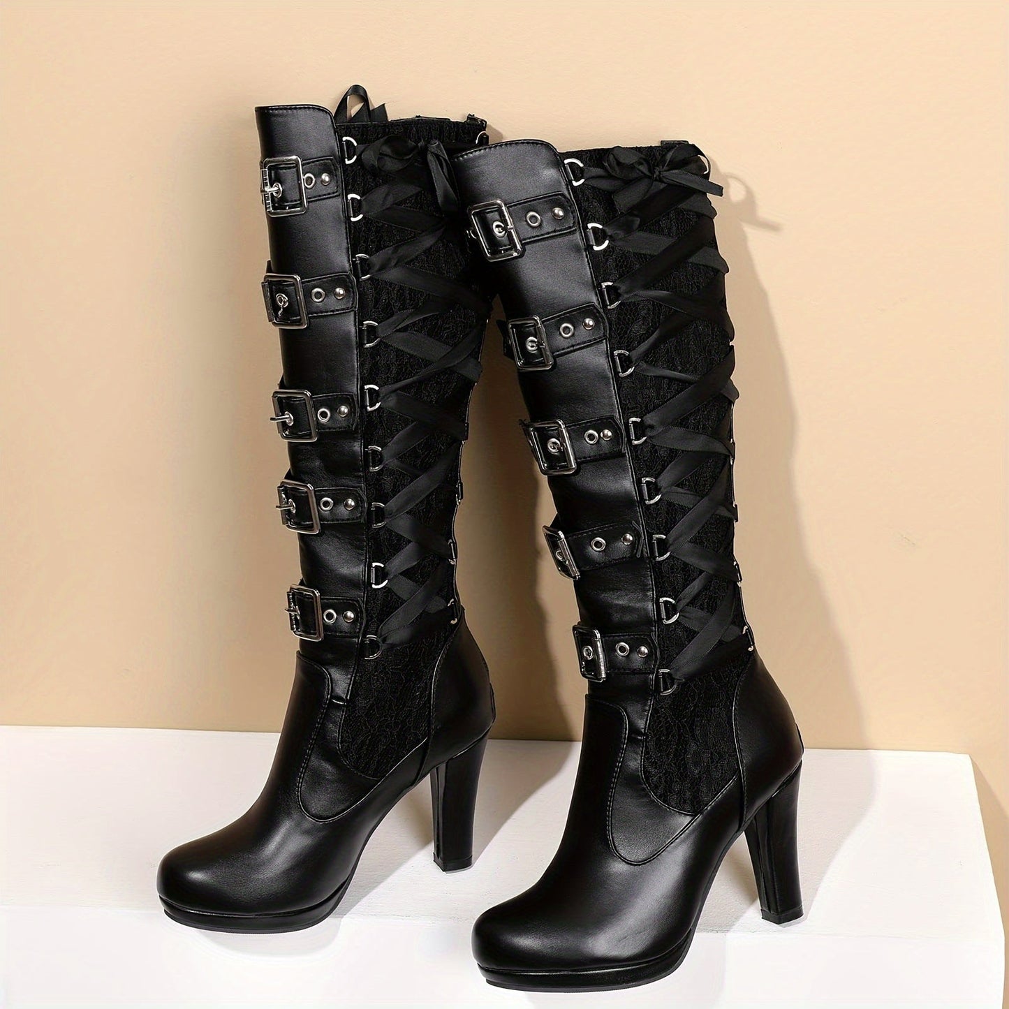 Platform Punk Tall Goth Buckled Knee-High Boots