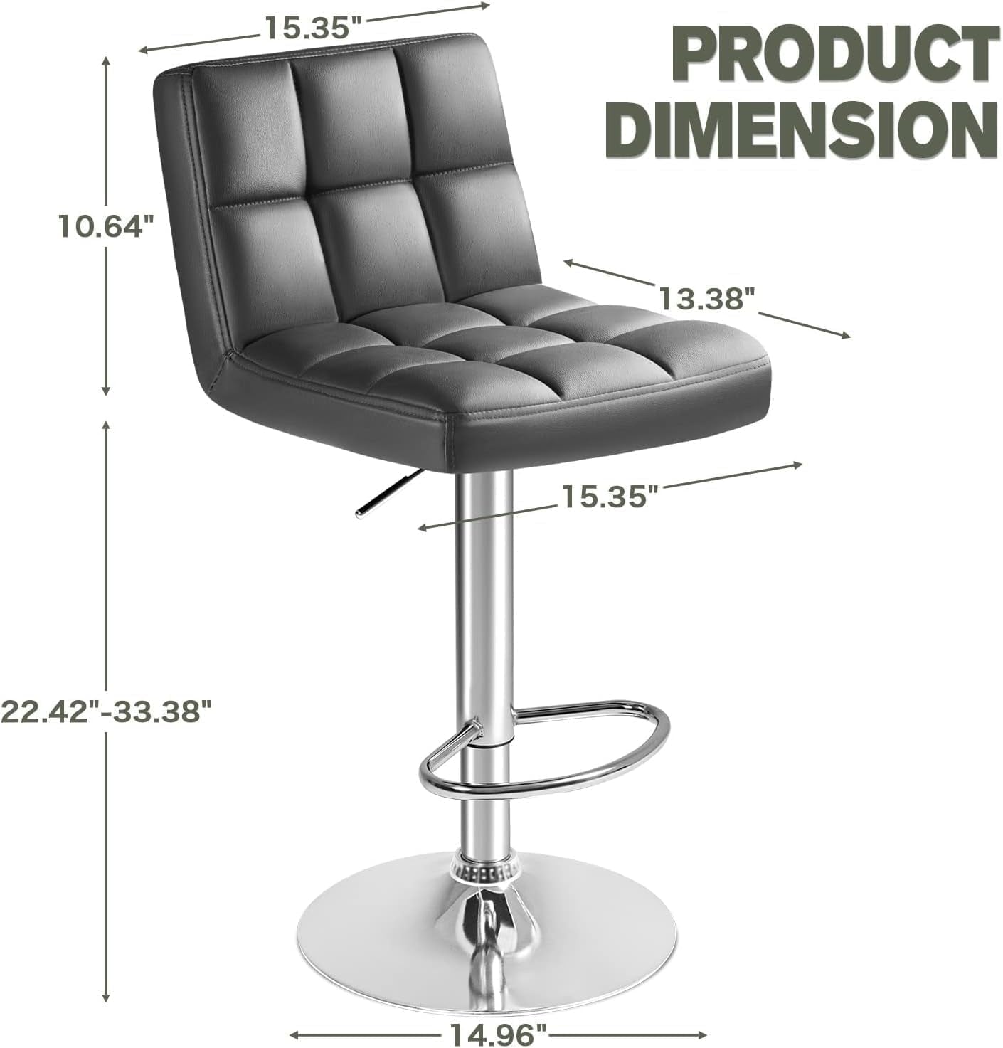 Bar Stools Modern Pu Leather Swivel Adjustable Hydraulic Bar Stool Square Counter Height Stool Set of 2 (Gray)-2