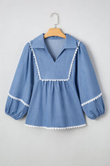 Solid Lace Ric-Rac 3/4 Sleeve Babydoll Blouse