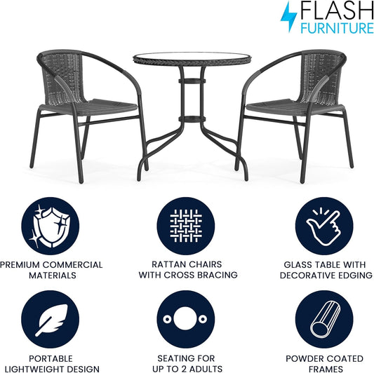 3-Piece Patio Dining Set with round Glass Metal Table and 2 Stackable Rattan Chairs, Indoor/Outdoor Bistro Table and Chairs Set, Gray-1
