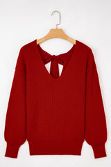 Bow Back Lantern Sleeve V-Neck Sweater