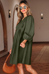 Corduroy Pleated Scallop Neck 3/4 Sleeve Mini Dress