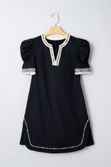 Leopard Trim Short Puff Sleeve Mini Dress
