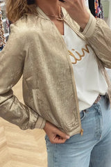 浅卡其色金属拉链棒球夹克衫 – Femstylo