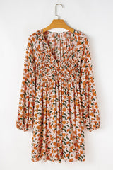 Floral Smocked V-Neck Bubble Sleeve Babydoll Dress