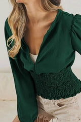 BiBi Smoking Waist Band and Puff Sleeves Deep V Neck Top