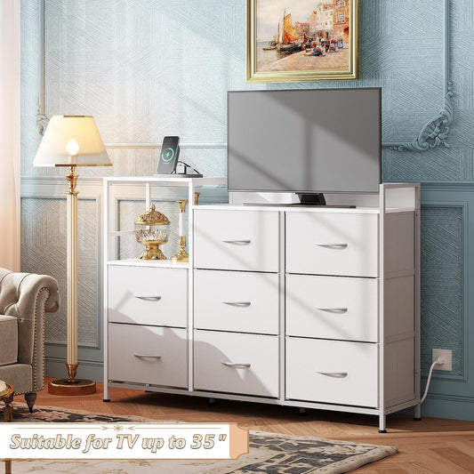 White Dresser TV Stand for Bedroom with Charging Station and Open Shelves, Fabric Dresser with 8 Drawers and Wood Top, Wide Storage Chest of Drawers for Living Room, Hallway-1