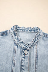 Denim Button-Front Scallop Trim Patch Pocket Vest