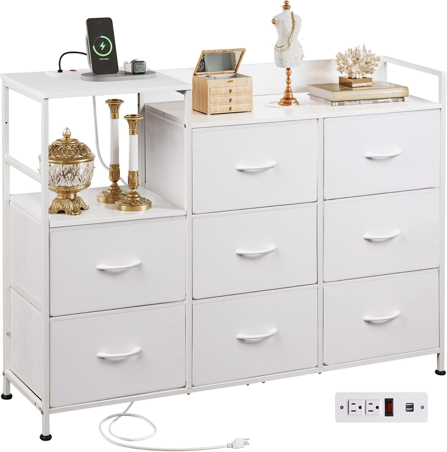 White Dresser TV Stand for Bedroom with Charging Station and Open Shelves, Fabric Dresser with 8 Drawers and Wood Top, Wide Storage Chest of Drawers for Living Room, Hallway-0