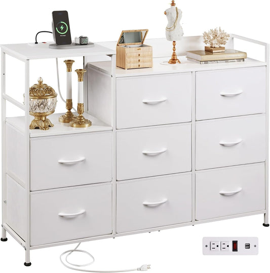 White Dresser TV Stand for Bedroom with Charging Station and Open Shelves, Fabric Dresser with 8 Drawers and Wood Top, Wide Storage Chest of Drawers for Living Room, Hallway-0