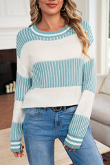 Light Blue Two Tone Striped Patchwork Drop Shoulder Sweater