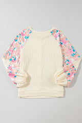 Floral Patchwork Balloon Sleeve Textured Blouse