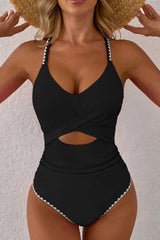Rose Red Ric Rac Trim Colorblock Cutout One Piece Swimsuit