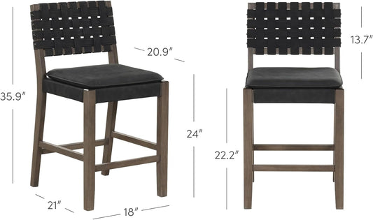 Cohen Mid-Century Modern Leather Bar Stool, Counter Height Chair in Solid Wood Frame with Footrest and Woven Leather Back for Kitchen, Black-1