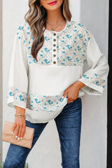 Floral Gauze Patchwork 3/4 Sleeve Blouse