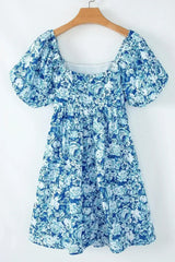 Blue Floral Puff Sleeve Babydoll Mini Dress