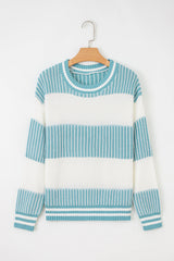 Light Blue Two Tone Striped Patchwork Drop Shoulder Sweater