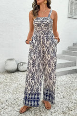 Blue Boho Geometric Print Smocked High Waist Wide Leg Jumpsuit