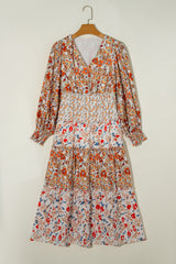 Floral V-Neck Ruffle Long Sleeve Midi Dress