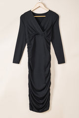 Solid Ruched Wrap V-Neck Midi Dress
