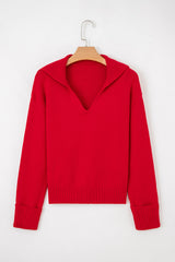 Solid Collared V-Neck Ribbed Edge Sweater