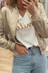 浅卡其色金属拉链棒球夹克衫 – Femstylo