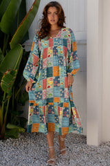 Floral Patchwork Long Sleeve Ruffle Hem Midi Dress