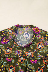 Floral Split Neck Bubble Sleeve Shift Mini Dress