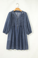 Denim 3/4 Sleeve Tied V-Neck Pleated Mini Dress
