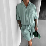 Casual Polo Collar Pocket Loose Short Sleeve Shirt Shorts Suit
