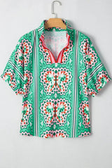 Sea Green Boho Geometric Print Color Neckline Blouse | Femstylo