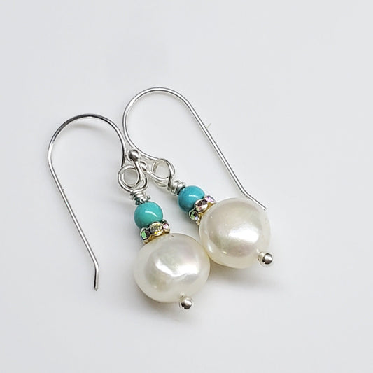 10mm Freshwater Baroque Pearl Sterling Silver Crystal Dangle Earrings