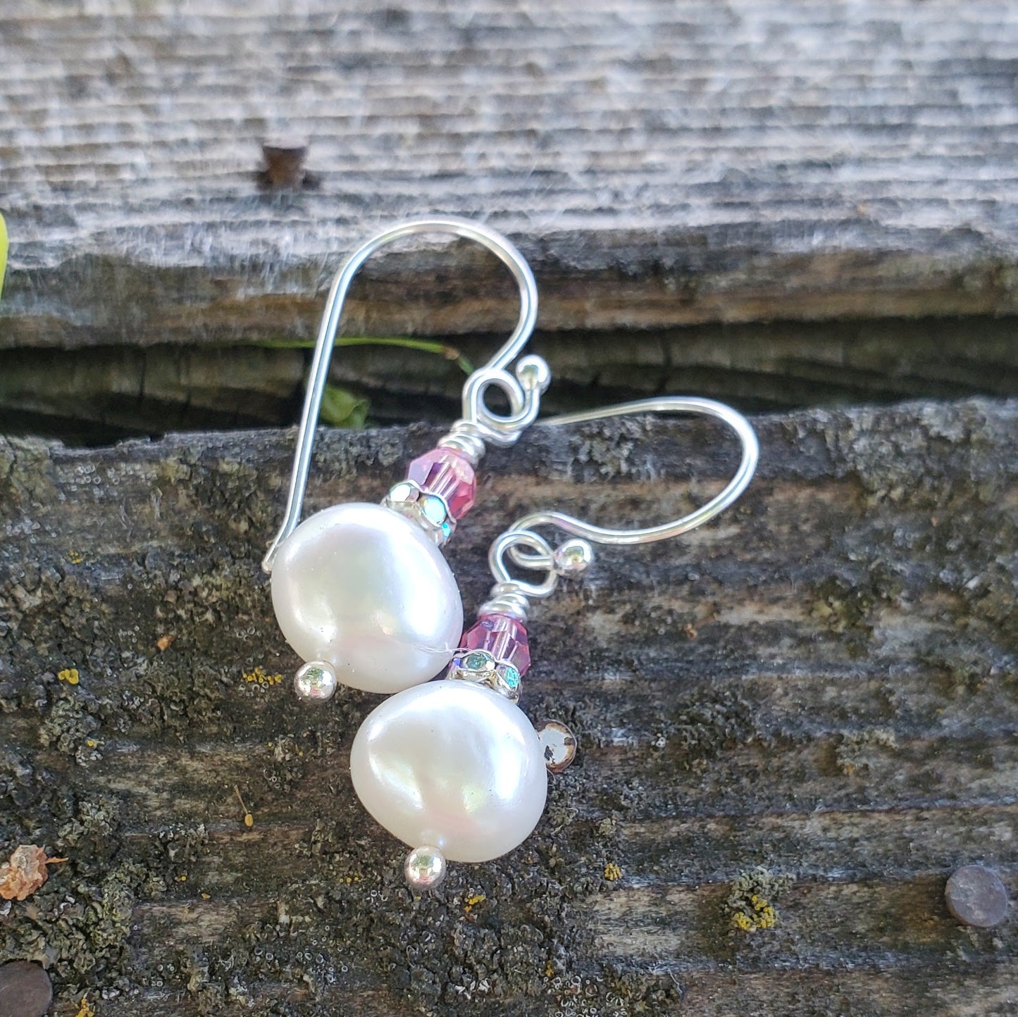 10mm Freshwater Baroque Pearl Sterling Silver Crystal Dangle Earrings