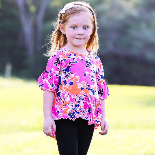70's Inspired Girls 3/4 Angel Sleeve Tie Dye Cotton Knit Ruffle Hem Shirt