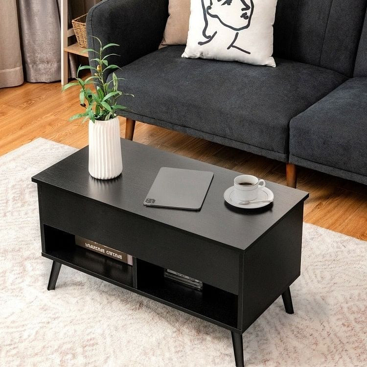 Mid-Century Lift-Top Coffee Table Sofa Laptop Desk in Black Wood Finish-0