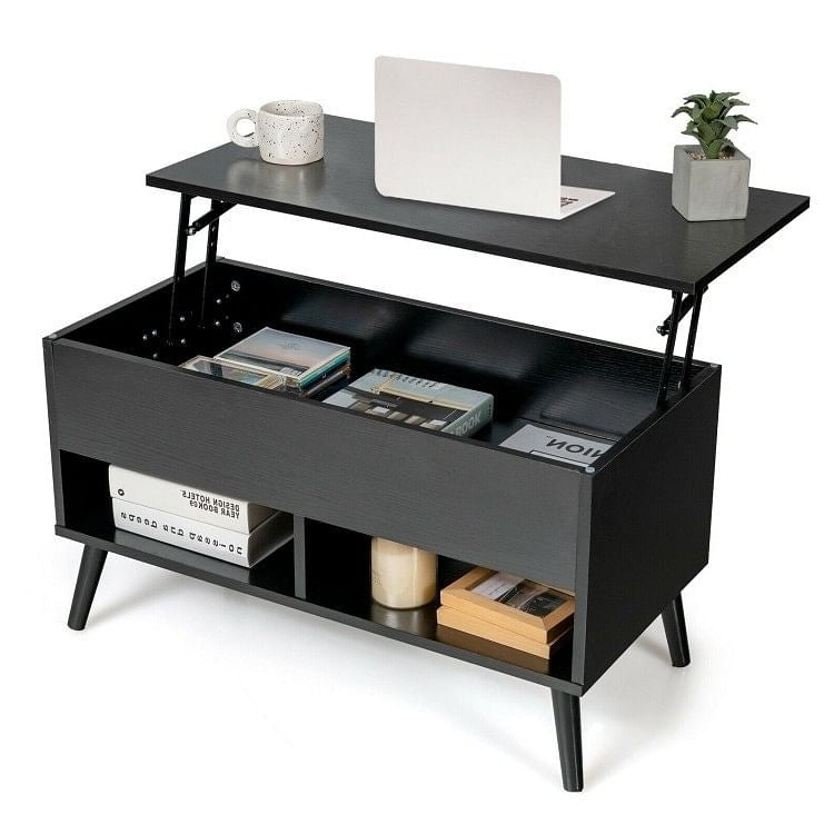Mid-Century Lift-Top Coffee Table Sofa Laptop Desk in Black Wood Finish-2