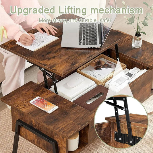 Modern Lift-Top Coffee Table Laptop Desk with Storage Shelf in Brown Wood Finish-0