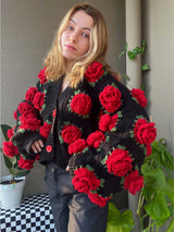 Black Rose Floral Handcraft Oversized Knit Cardigan | NCS