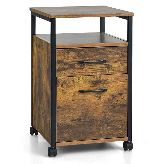 2 Drawer Mobile File Cabinet Printer Stand with Open Shelf for Letter Size-Rustic Brown-0