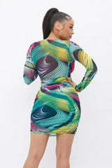 Printed V-Neck Dress - Long Sleeve Flowy Dress | Femstylo
