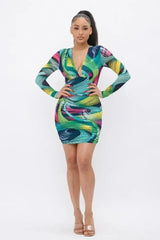 Printed V-Neck Dress - Long Sleeve Flowy Dress | Femstylo